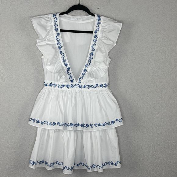 Caroline Constas Miranda Dress Embroidered Ruffle Plunge Neck White Blue Size M - Picture 4 of 10